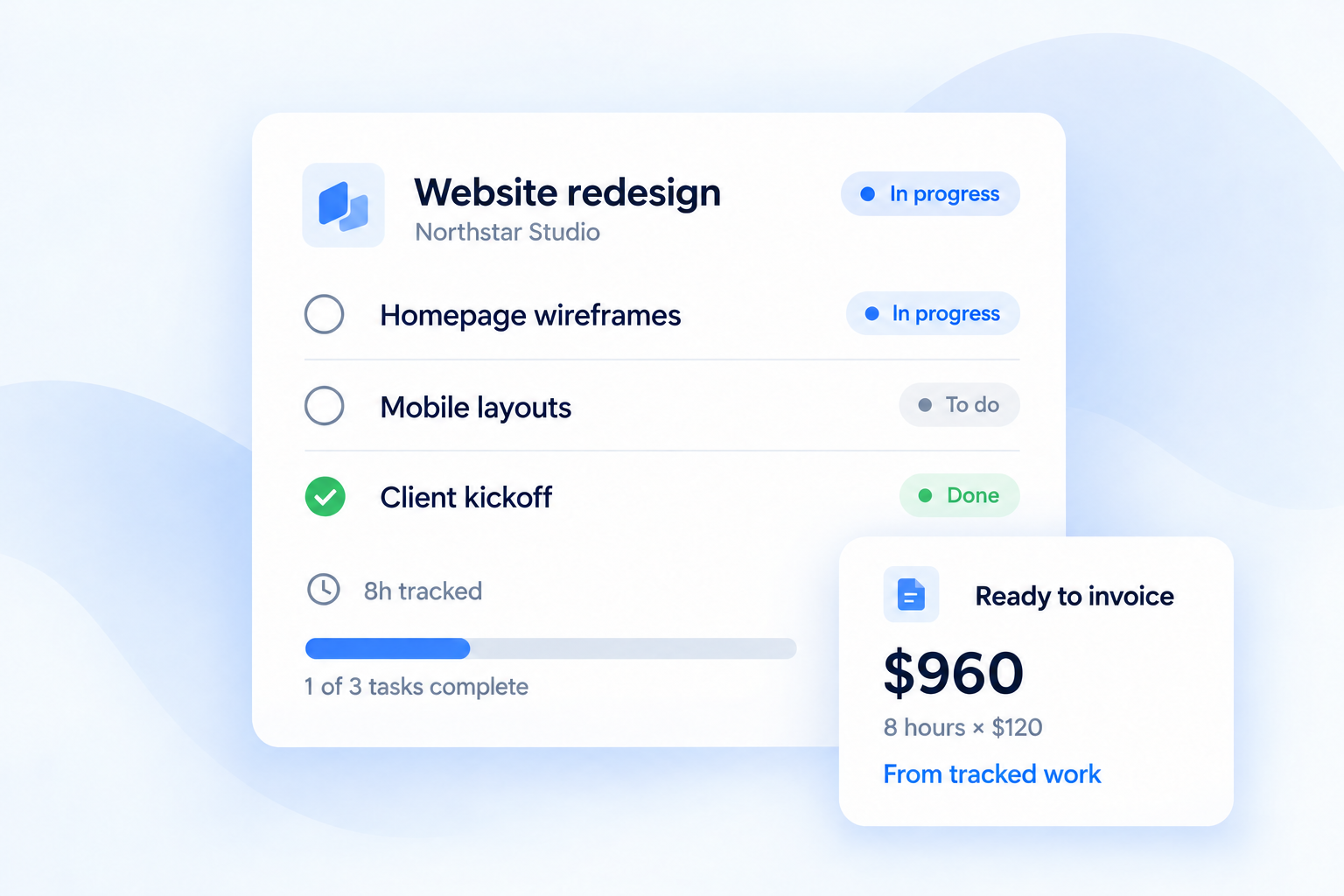 Rebban project panel with tasks connected to client work